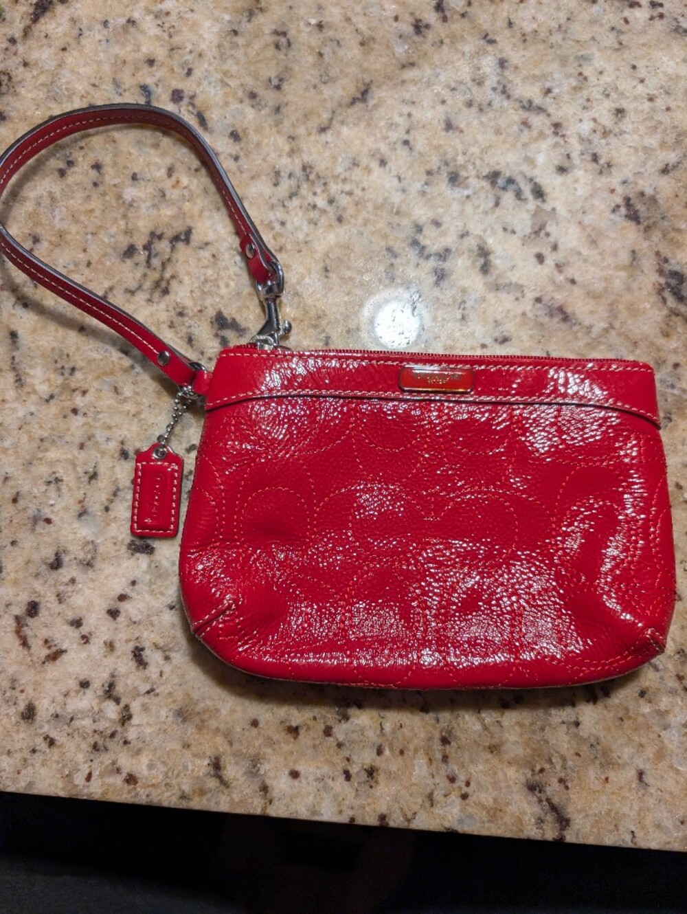 Coach Brick Red Patent Leather C Embossed Wristlet Mini Bag